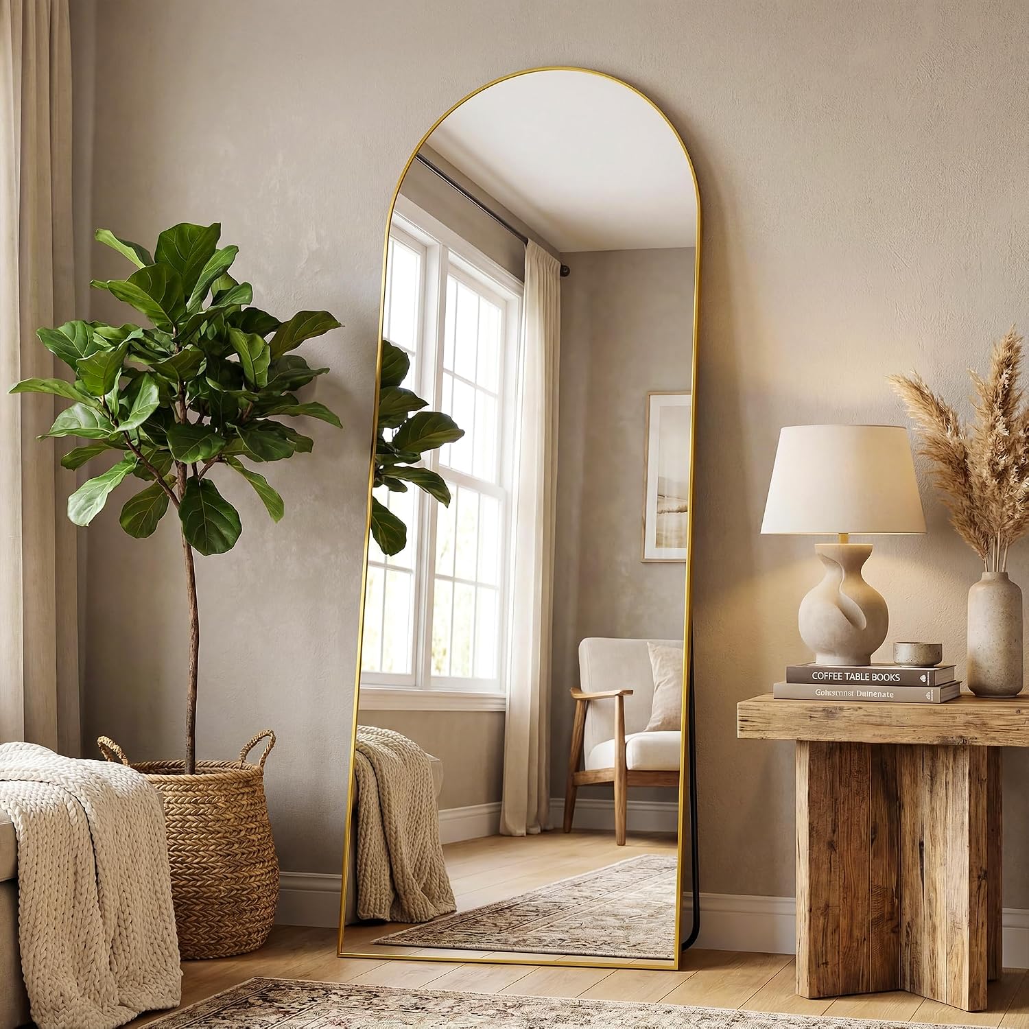 Antok 58" X19” Arched Full Length Floor Mirror, Gold Aluminum Frame, Free Standing/Wall Mount/Leaning For Bedroom, Living Room, Dressing Room