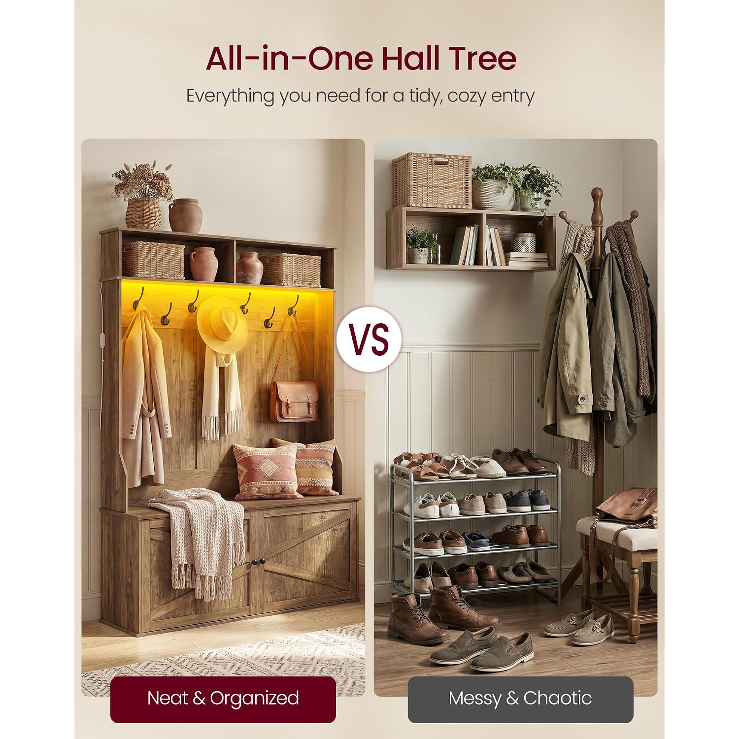 Vasagle Hall Tree With Bench And Shoe Storage, 5-In-1 Coat Rack With Shoe Bench, Adjustable Led Light, 7 Double Hooks, Farmhouse Entryway Furniture, Honey Brown Uhsr653Kb01S