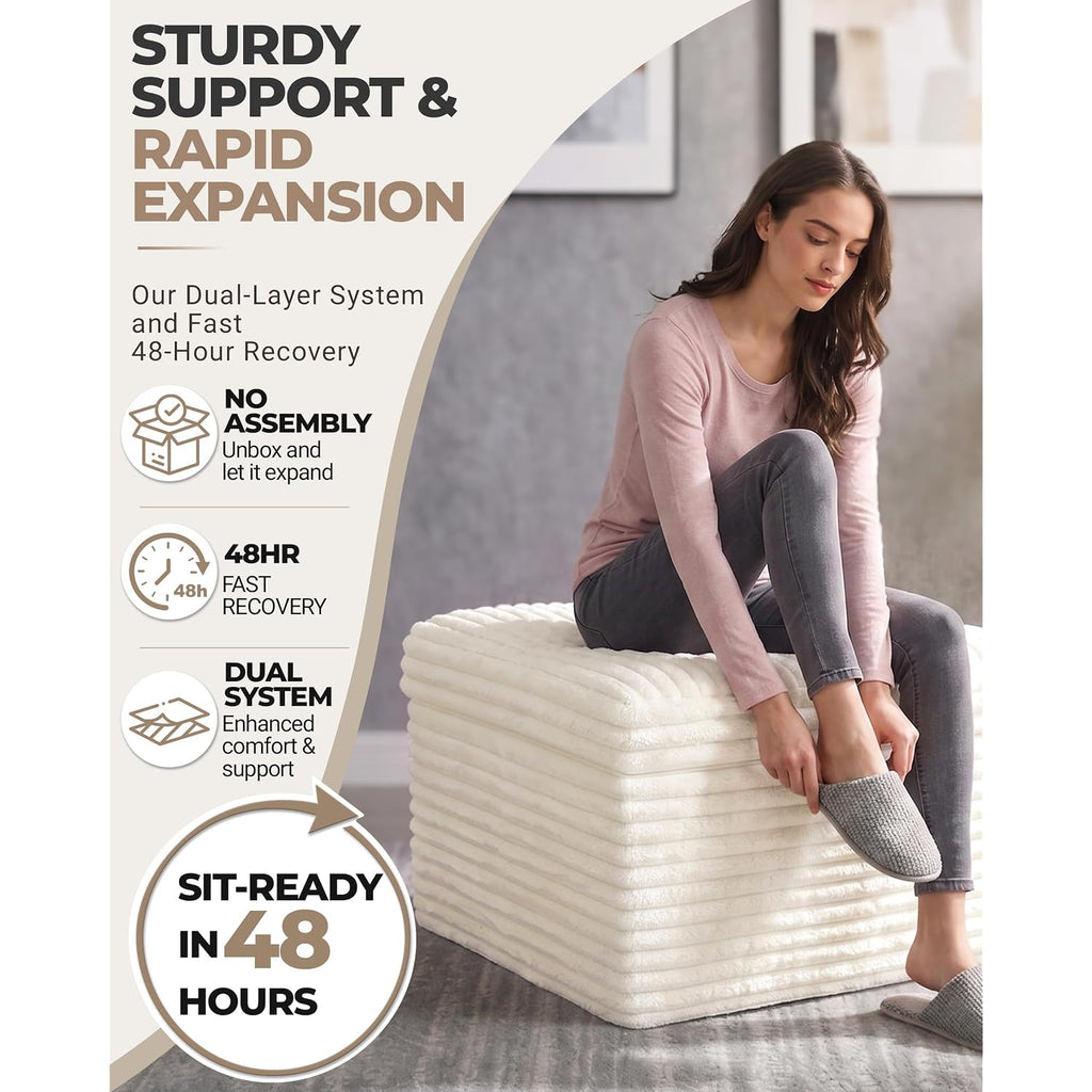 23.6In Pouf Ottoman, Corduroy Ottoman Foot Rest With Dual‑Layer Support, Large Poofy Pouf With Soft Chunk‑Foam Top & Firm Foam Base, Floor Foot Stool For Living Room, Beige