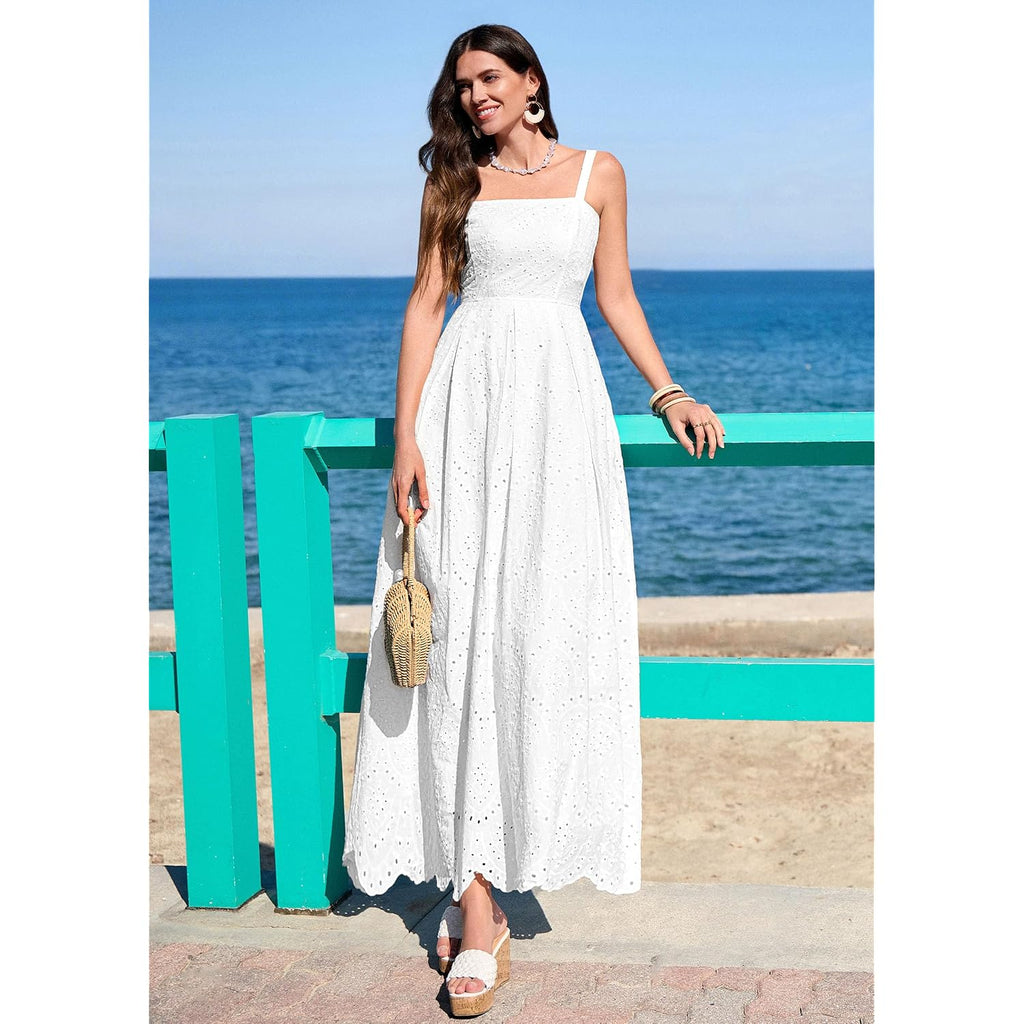 Prettygarden Womens Sleeveless Maxi Summer Dresses 2026 Hollow Out Eyelet Square Neck Ruffle Flowy Beach Vacation Sundress
