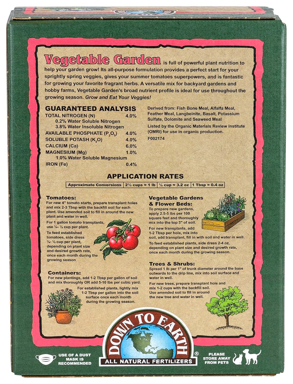 Down To Earth All Natural Fertilizers Organic Vegetable Garden - 5 Lb | Plant Food For Vegetables, Herbs, Greens, Containers, Raised Beds, 4-4-4 Formula For Spring And Summer Gardens