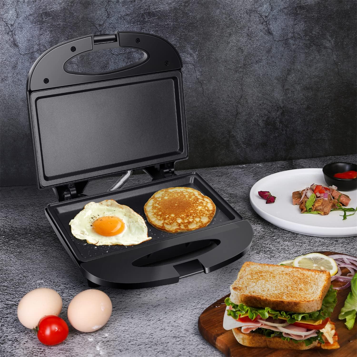 Aigostar Sandwich Maker With Non-Stick Deep Grid Surface For Egg, Ham, Steaks Compact Electric Grill Tostadora De Pan Black, Etl Certificated, Roy