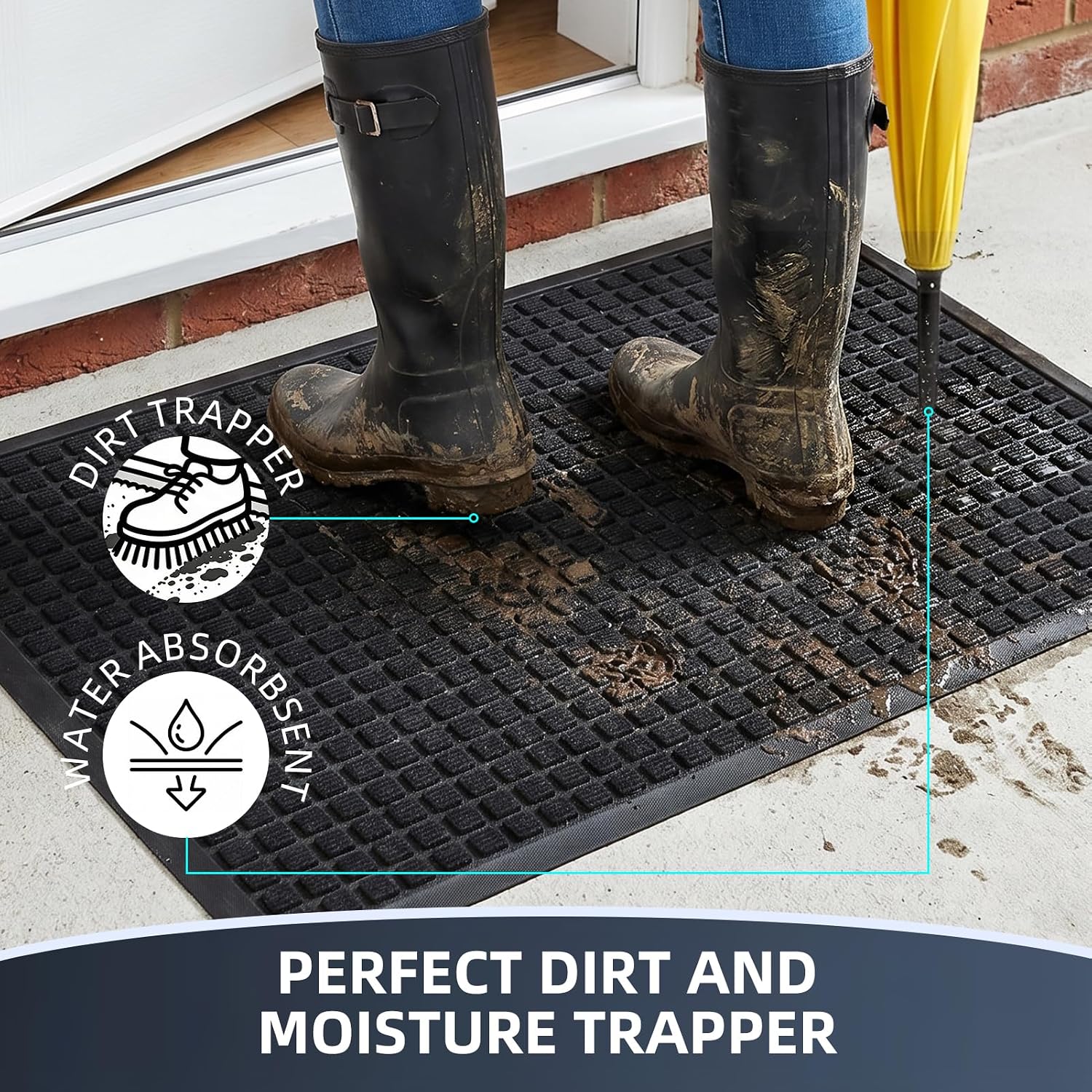 Front Door Mat Outside Entrance, Heavy Duty Waterproof Doormat | 29.5"X17" Indoor/Outdoor Dirt Trapper With Non-Slip Rubber Backing, Low Profile Easy Clean, Stain & Fade Resistant Black
