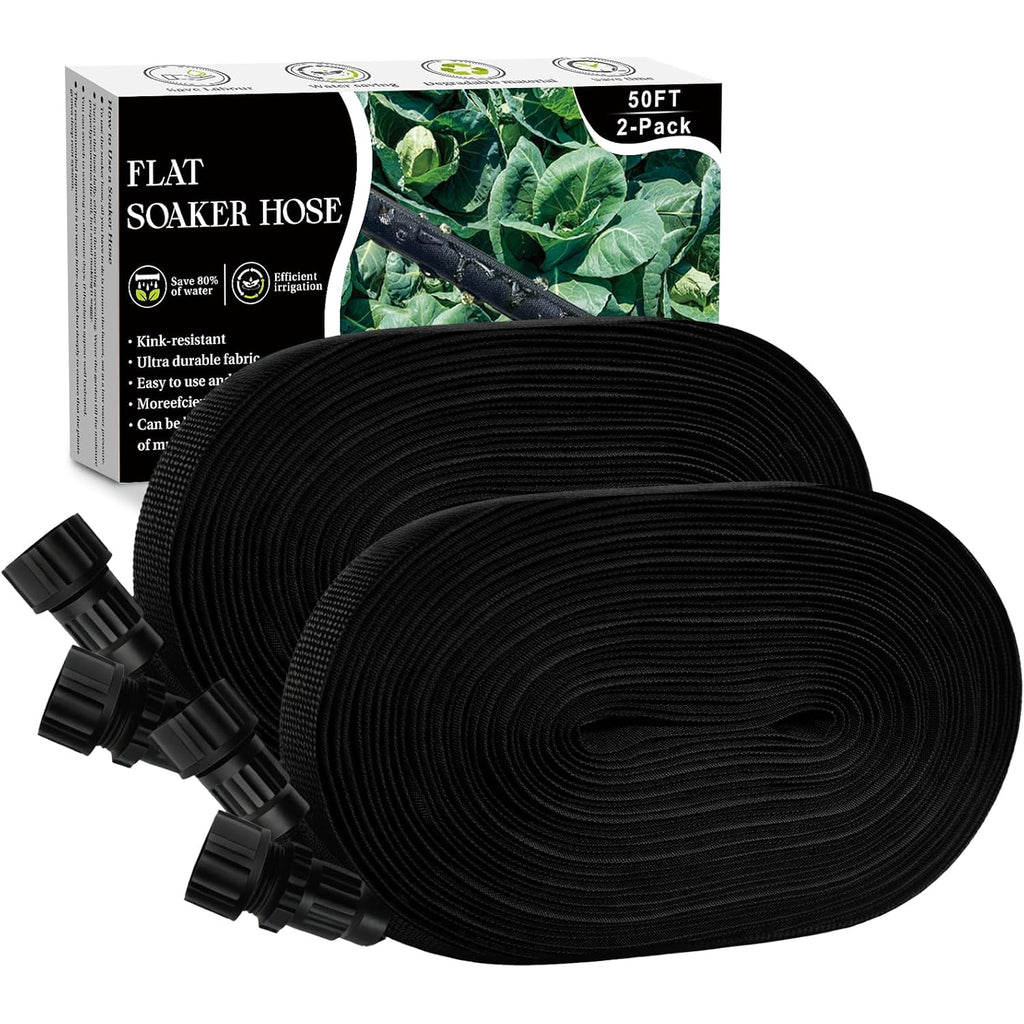 Soaker Hose 100Ft, Thickened Flat Soaker Hoses For Garden 100 Ft 2 Pack, Drip Irrigation Hose Saves 80% Water, Leak-Free Design Water Hose With Holes For Lawn, Flower Bed, Vegetable Field (50 Ft X 2)