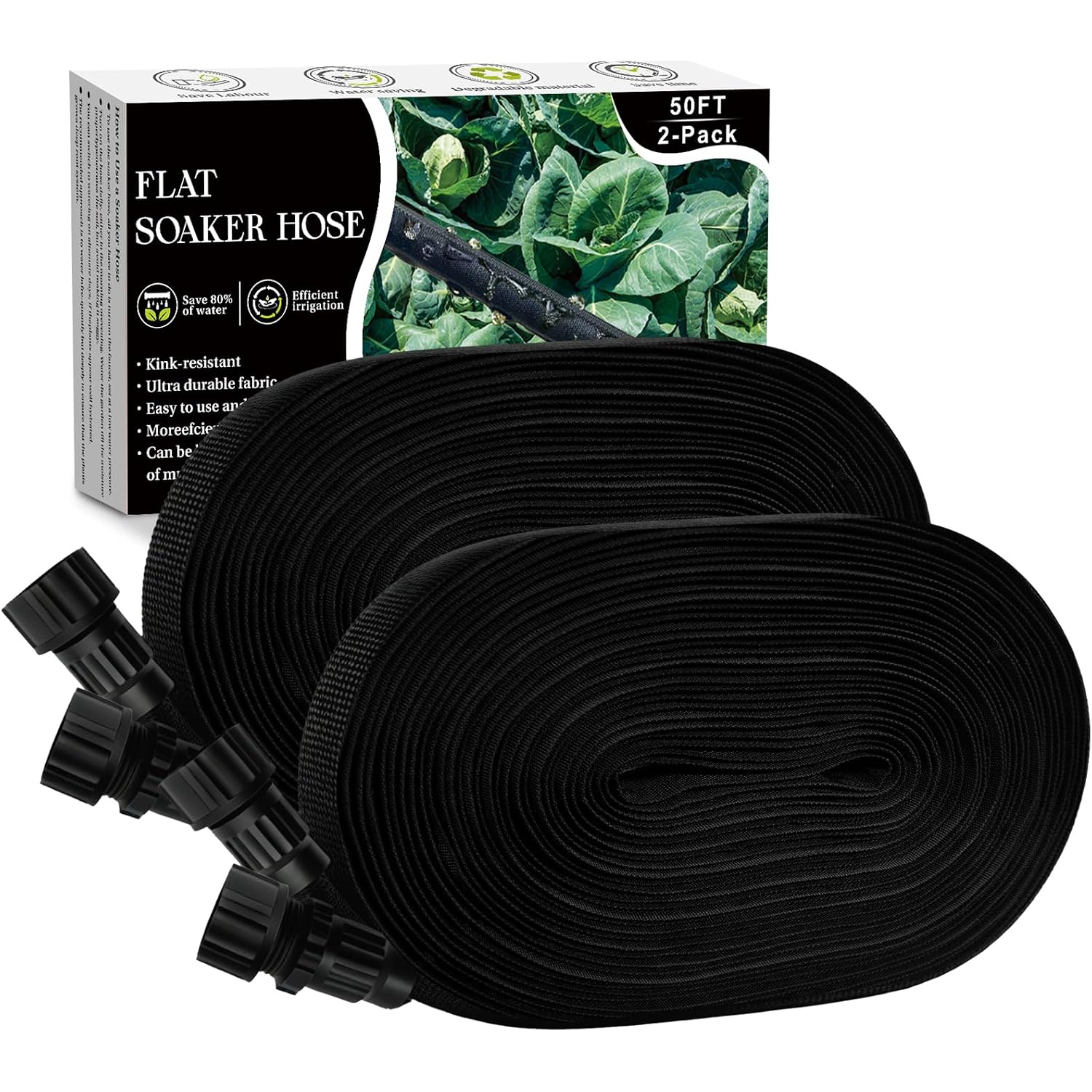 Soaker Hose 100Ft, Thickened Flat Soaker Hoses For Garden 100 Ft 2 Pack, Drip Irrigation Hose Saves 80% Water, Leak-Free Design Water Hose With Holes For Lawn, Flower Bed, Vegetable Field (50 Ft X 2)