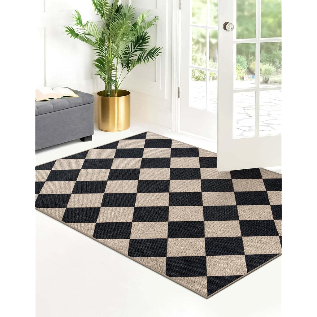 Lahome Checkered Easy Jute 3X5 Entryway Front Porch Rug, Black Diamond Indoor Outdoor Patio Layering Rug, Washable Farmhouse Neutral Non Slip Non Shedding Door Carpet For Backyard Blacony