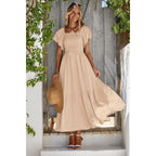 Mascomoda Womens Summer Casual Midi Dress Square Neck Ruffle Short Sleeve Smocked High Waist A Line Wedding Guest Dresses