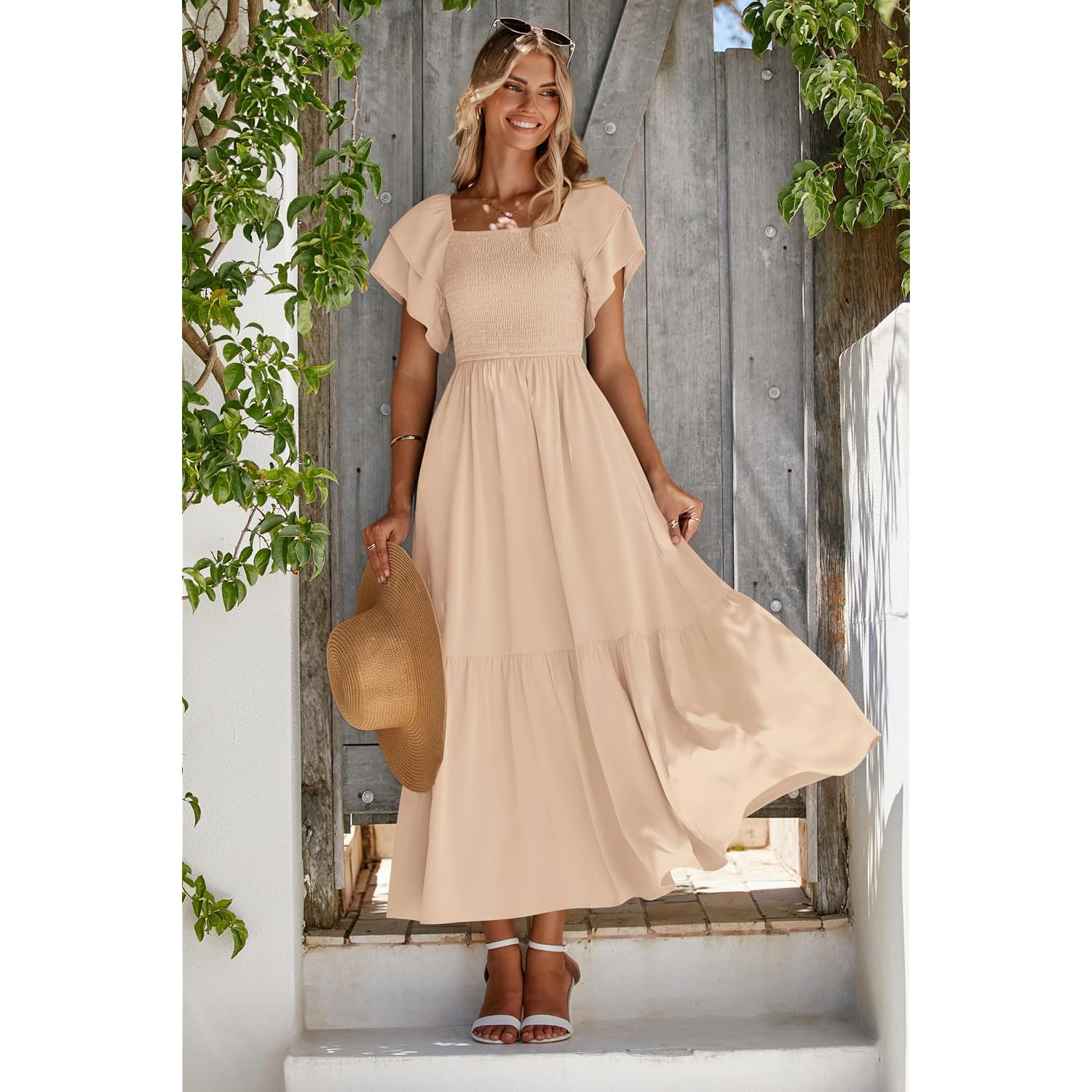 Mascomoda Womens Summer Casual Midi Dress Square Neck Ruffle Short Sleeve Smocked High Waist A Line Wedding Guest Dresses