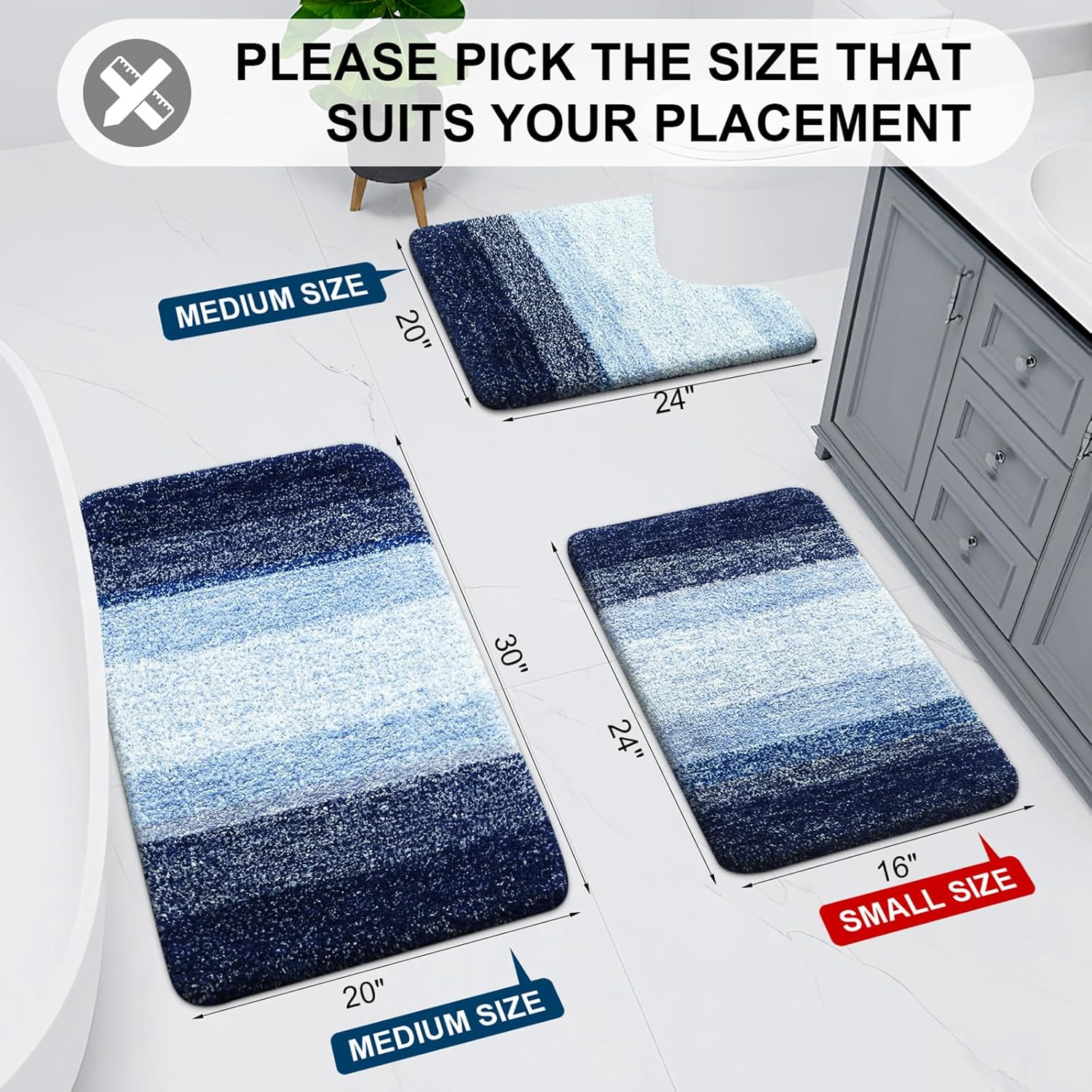 Arotive Microfiber Bathroom Rugs, Shaggy Soft and Absorbent Bath Rug, Non-Slip, Thick Plush Machine Washable Dry Bath Mats for Bathroom, Tub and Shower, 24x16, Blue, Rectangular