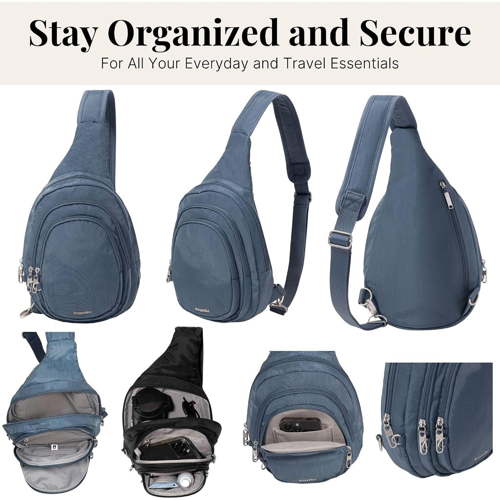 Baggallini Securtex® Anti-Theft Multi Zip Sling - Lightweight 8.6"X15.2" Travel Bag With Locking Zippers & Rfid Protection