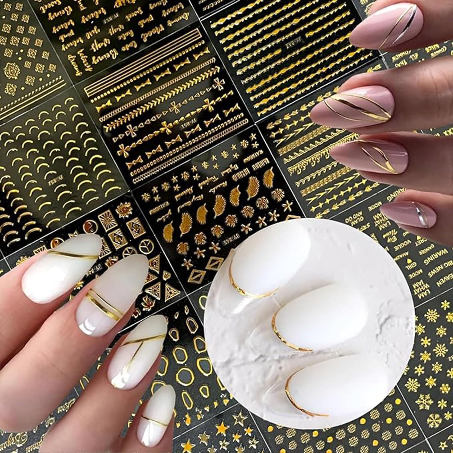 90 Sheets Gold Nail Art Stickers: Star Heart Flower Line, 3D Self-Adhesive Nail Decals for Women's Nail Decoration with Tweezer