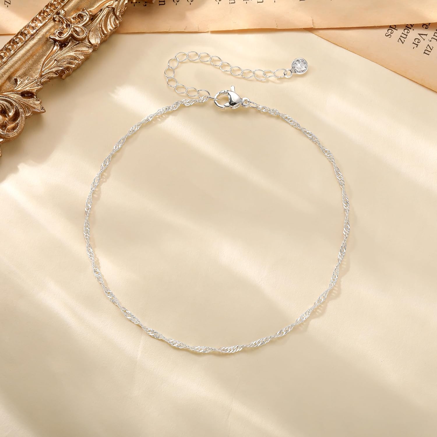 Moodear Ankle Bracelets for Women Trendy 14K Silver Plated Anklets for Women Waterproof Dainty Twist Cuban Link Satellite Bead Chain Anklets Non Tarnish Summer Beach Adjustable Anklet Jewelry Gift