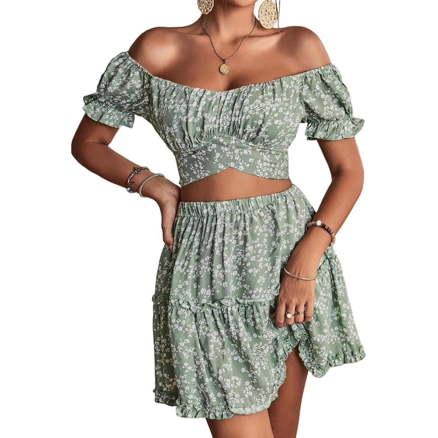 Lyaner Women'S 2 Piece Outfits Floral Off Shoulder Tie Up Crop Top And Mini Skirt Set