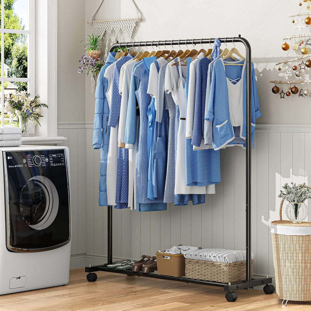 Simple Trending Clothing Rack For Hanging Clothes, Portable Garment Rack With Bottom Shelf, Metal Clothes Rack On Wheels For Bedroom, Laundry Room, Black