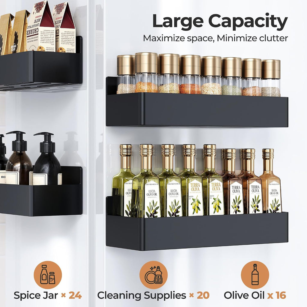 Magnetic Spice Rack For Refrigerator, Kitchen Organizer And Storage Shelf, Black (4 Pack)…
