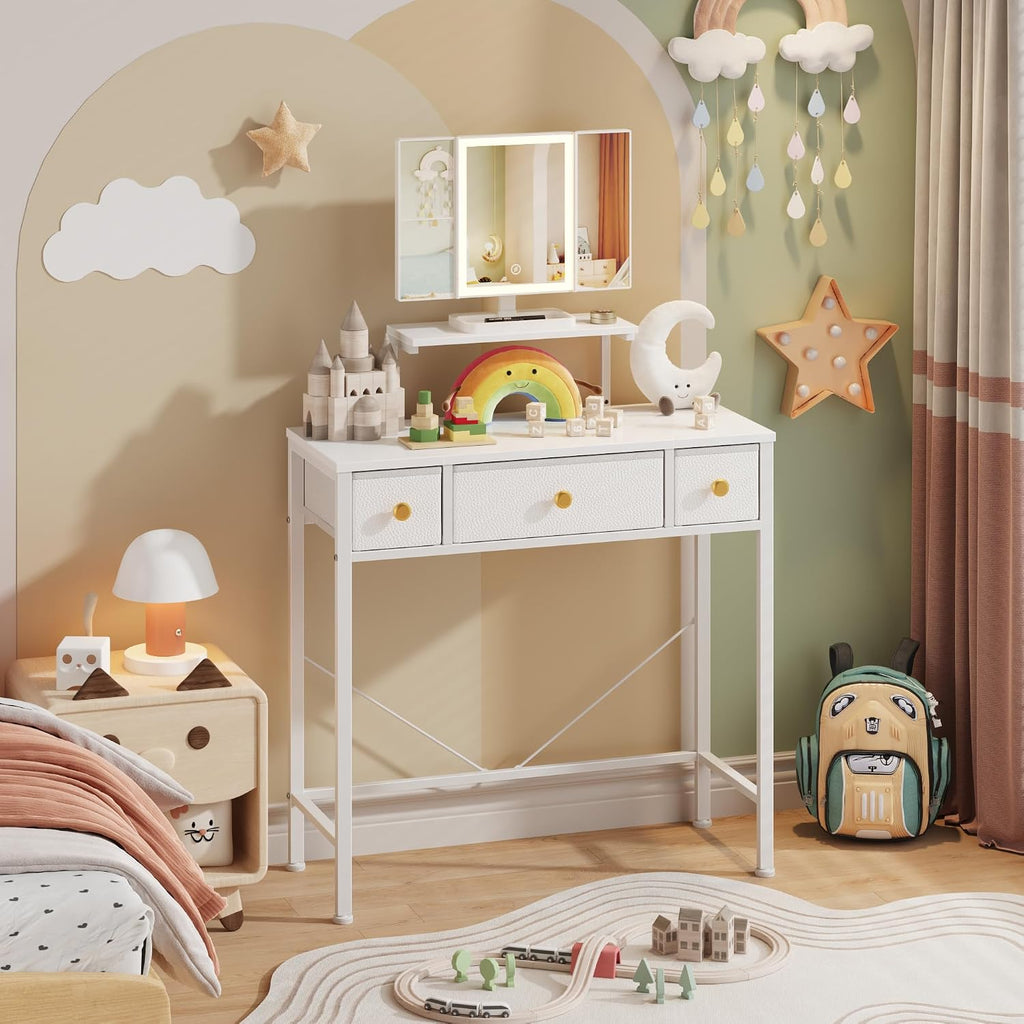 Small Makeup Vanity Desk 27.5''W With Mirror And Lights, White | 3 Drawers, Usb Lighted Mirror, Height-Adjustable Stand, Fabric Drawers, Girls/Kids Gifts, Bedroom, Small Space, Dorm