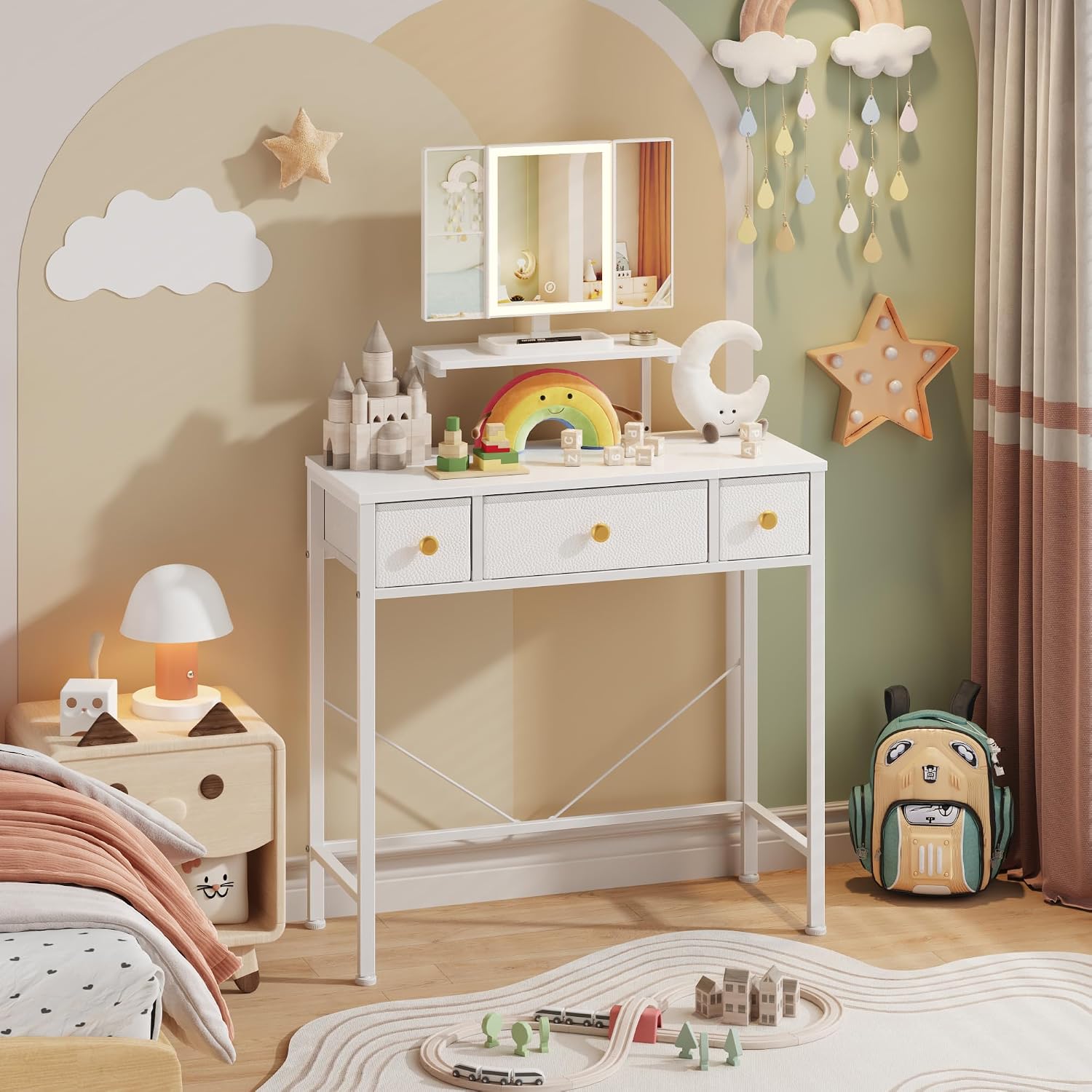 Small Makeup Vanity Desk 27.5''W With Mirror And Lights, White | 3 Drawers, Usb Lighted Mirror, Height-Adjustable Stand, Fabric Drawers, Girls/Kids Gifts, Bedroom, Small Space, Dorm
