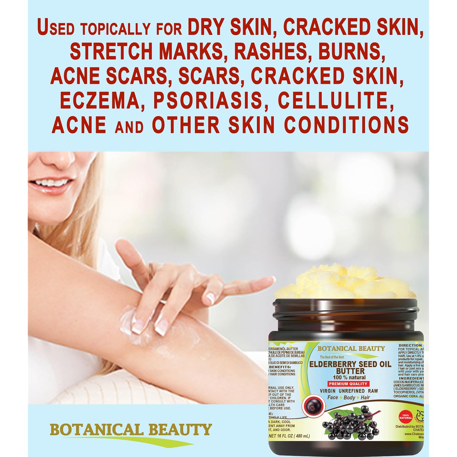 Botanical Beauty Elderberry Seed Oil Butter 100% Natural Pure Virgin Unrefined Raw For Face, Skin, Body, Hair, Nails, Dry Skin. Elderberry Oil, Coconut Butter, Vitamin E