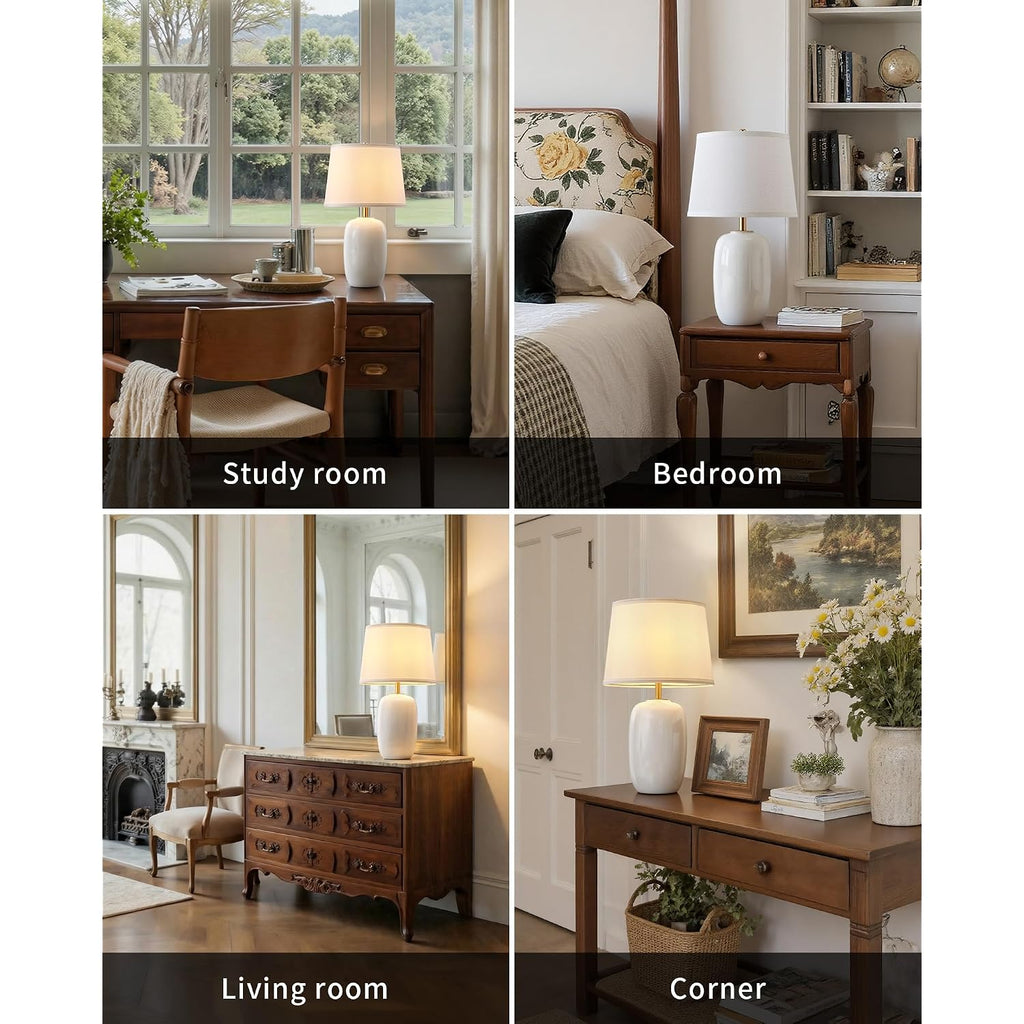 22 Inch White Ceramic Table Lamps Set Of 2, Fabric Lampshade Living Room Office Desk Lamp, E26 Socket Rotary Switch Lighting For Bedroom, Nightstand, Reading, Office, Study, Corner, Home Decor