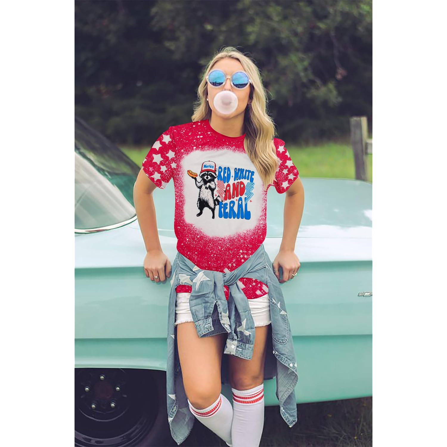 Women Red White and Blue Shirts Funny 250 Anniversary USA Raccoon T-Shirt America Patriotic Tee Tops