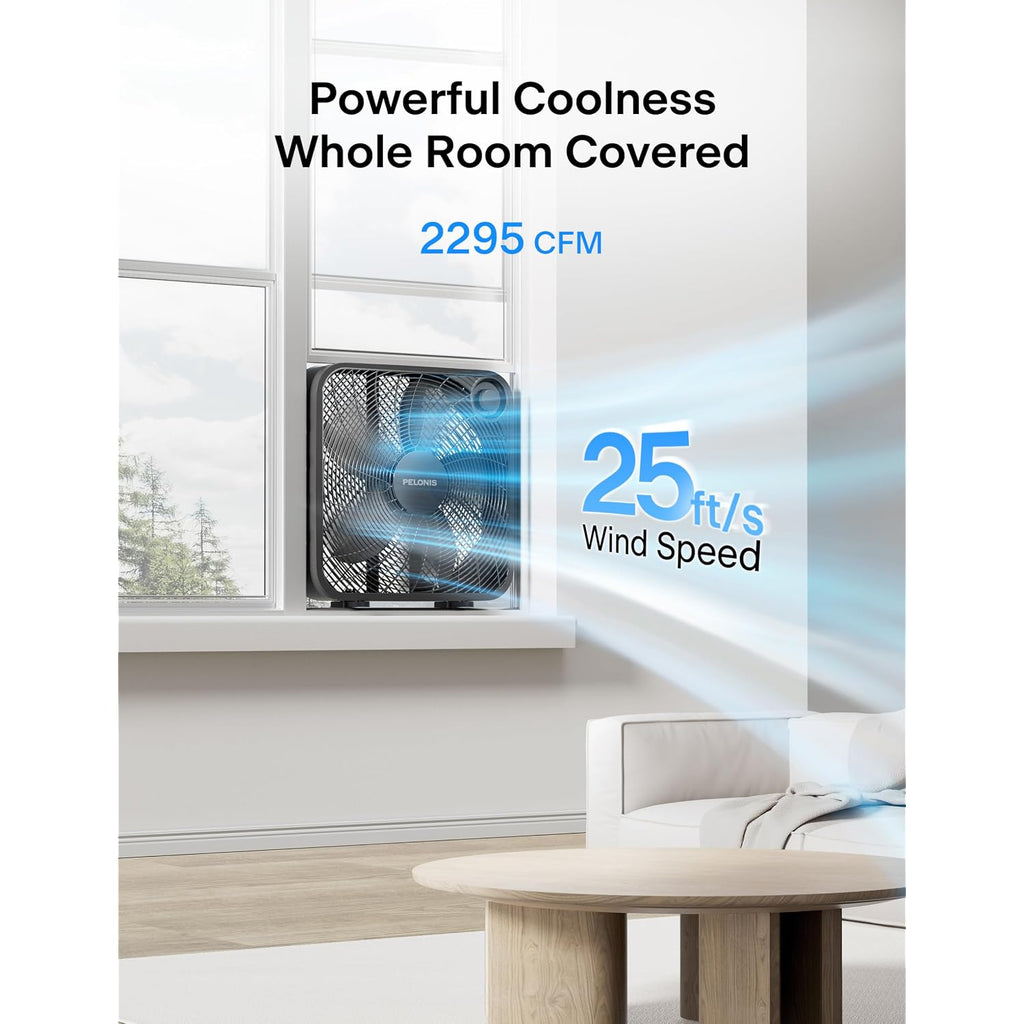Pelonis 20 Inch Box Fan For Bedroom– 3 Speeds, 25Ft/S, Floor Fan, Window Fan, Table Fan, Desktop Fan With Superior Air Throw (2295 Cfm), Lightweight, 5 Blades, Suitable For Office, Living Room, Garage