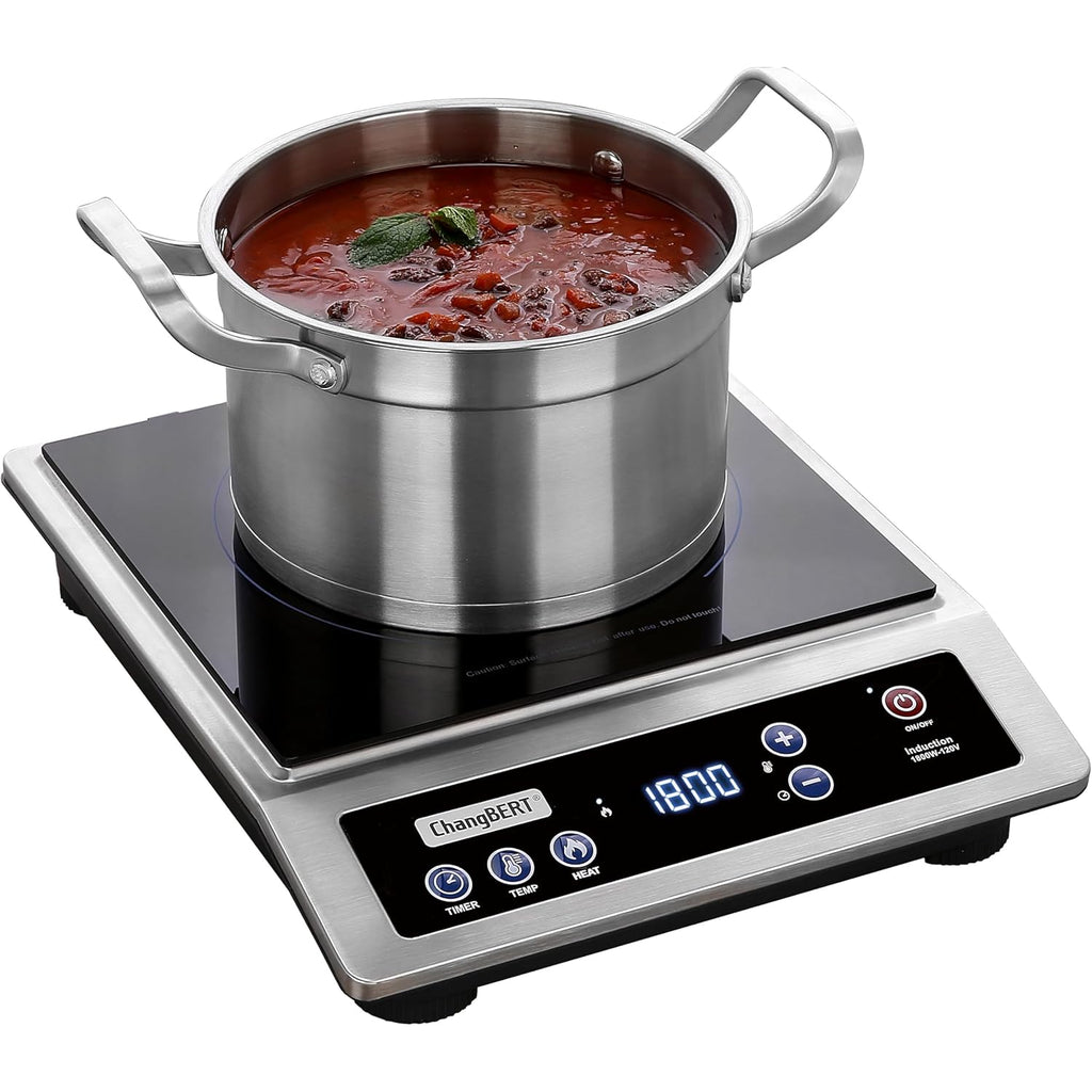ChangBERT Induction Cooktop, Commercial Grade Portable Cooker, Large 8” Heating Coil, Premium Stainless Steel Countertop Burner with NSF Certified, 10 Hours Timer Powerful 1800W Professional Hot Plate