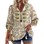 Women Summer Boho Tops 3/4 Sleeve Pleated Blouses Casual V Neck Tie Front Spring Tunic Tops