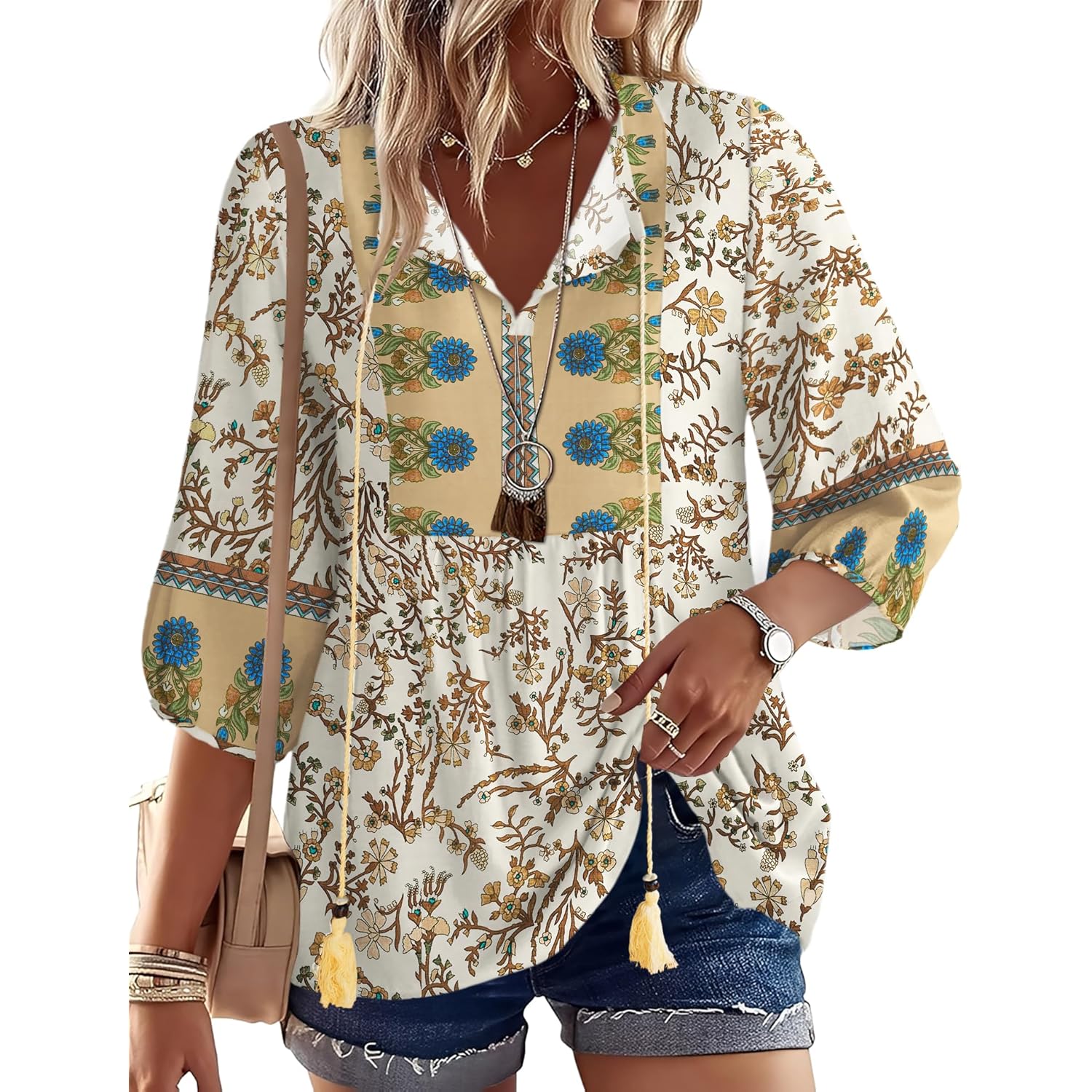 Women Summer Boho Tops 3/4 Sleeve Pleated Blouses Casual V Neck Tie Front Spring Tunic Tops