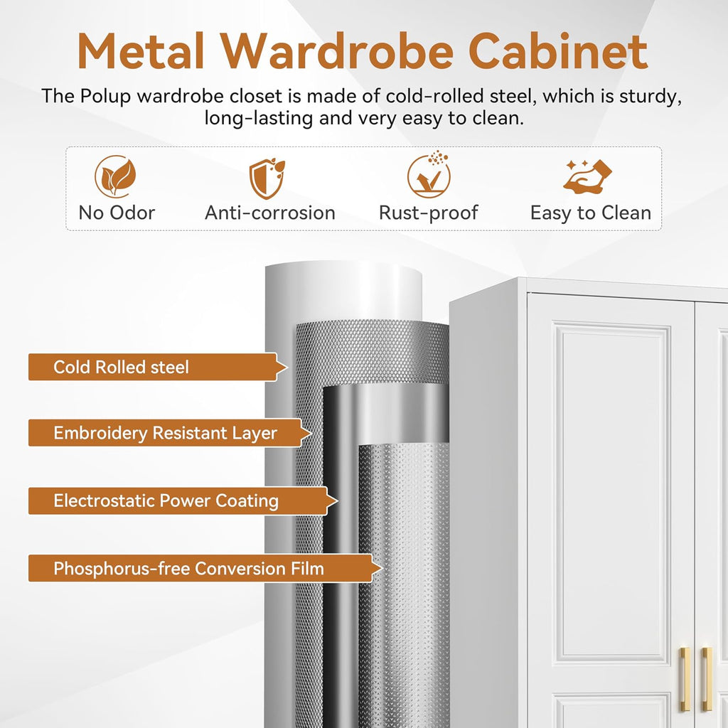 Metal Armoire Wardrobe Closet With Doors And Shelves, 71" Tall Freestanding Wardrobe Cabinet For Hanging Clothes, Large Closet With Hanging Rod For Bedroom, Office, School, Employee, Gym, White