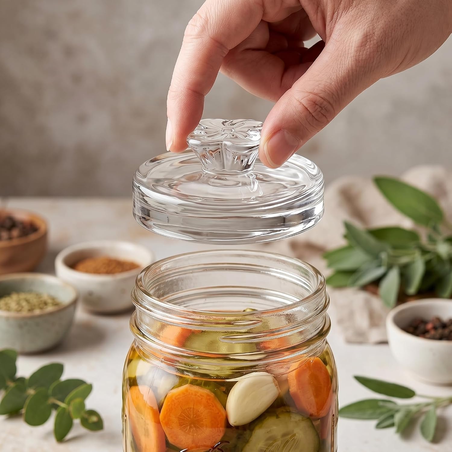 Okllen 9 Pack Glass Fermentation Glass Weights For Large Wide Mouth Mason Jars Easy Grip Handle, Dishwasher Safe