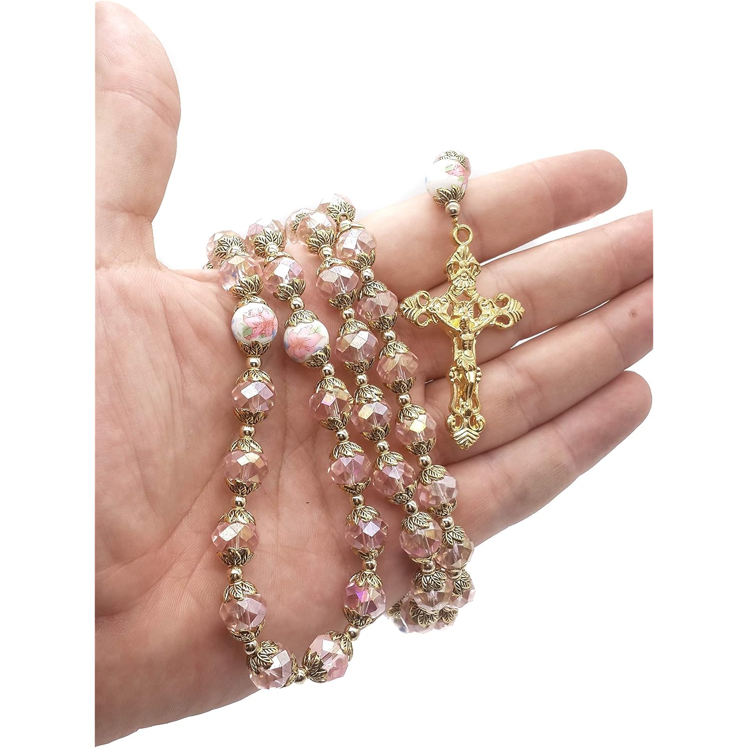 Nazareth Store Catholic Pink Crystal Beads Gold Rosary Flowers Beaded Necklace Holy Mary Heart Locket Medal & Cross Religious Amulet for Women
