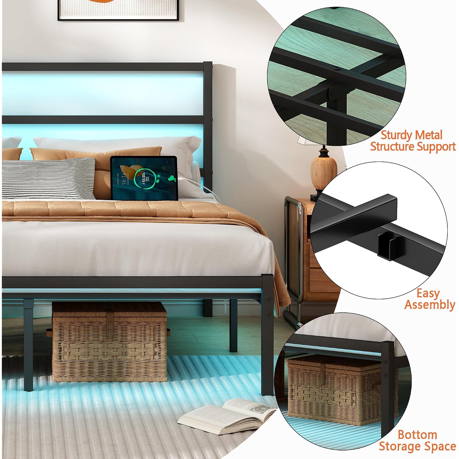 Clibfeng Full Size Bed Frame With Headboard,Heavy Duty Steel Slats Support-Led Bed Frame With Usb Charging Station,Mattress Foundation-Under Bed Storage,No Box Spring Needed,Noise Free，Black