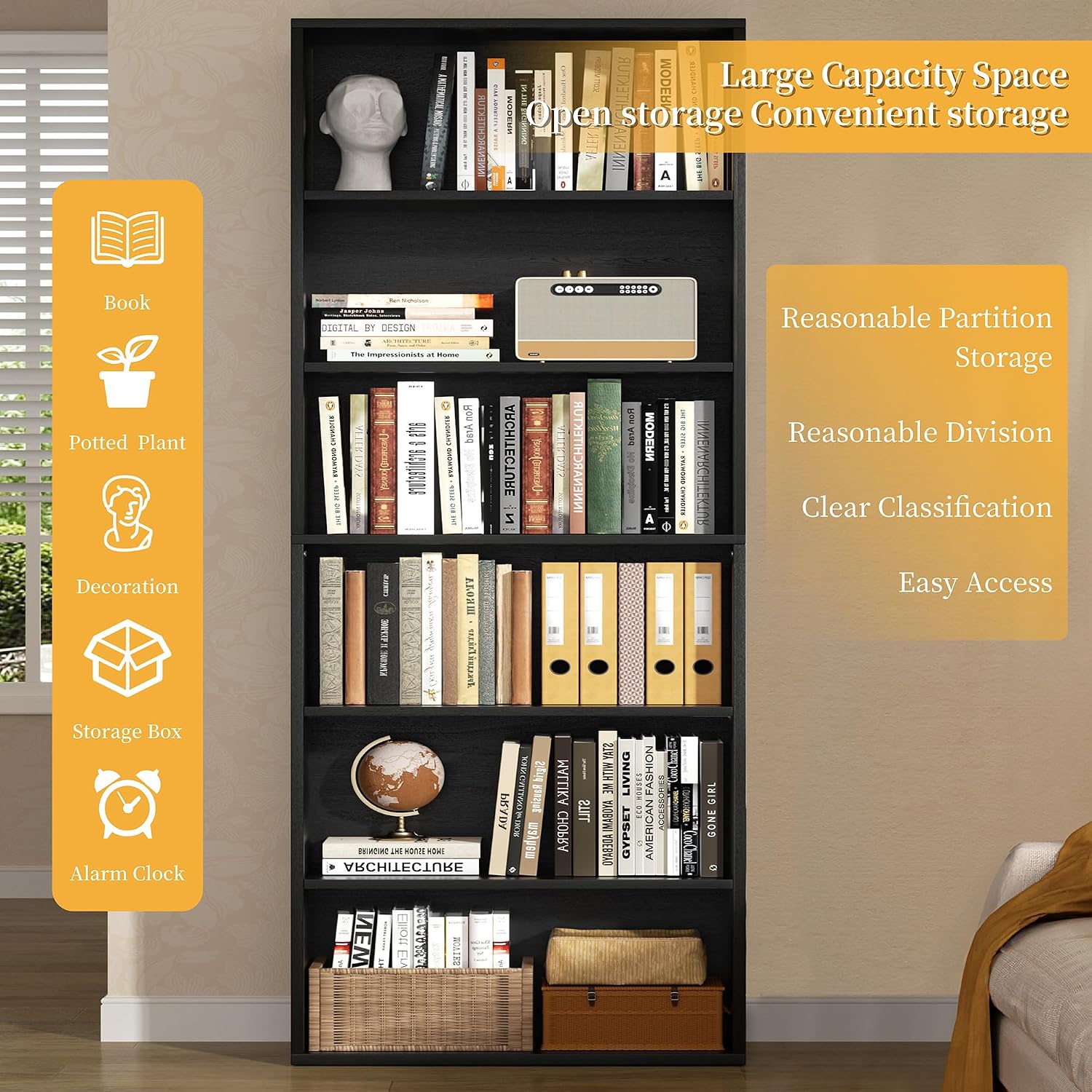 6-Tier Bookshelf, Modern Open Bookcase,6 Shelf Display Storage Shelves Floor Standing, 71 Inches Tall Shelves For Home Office, Black