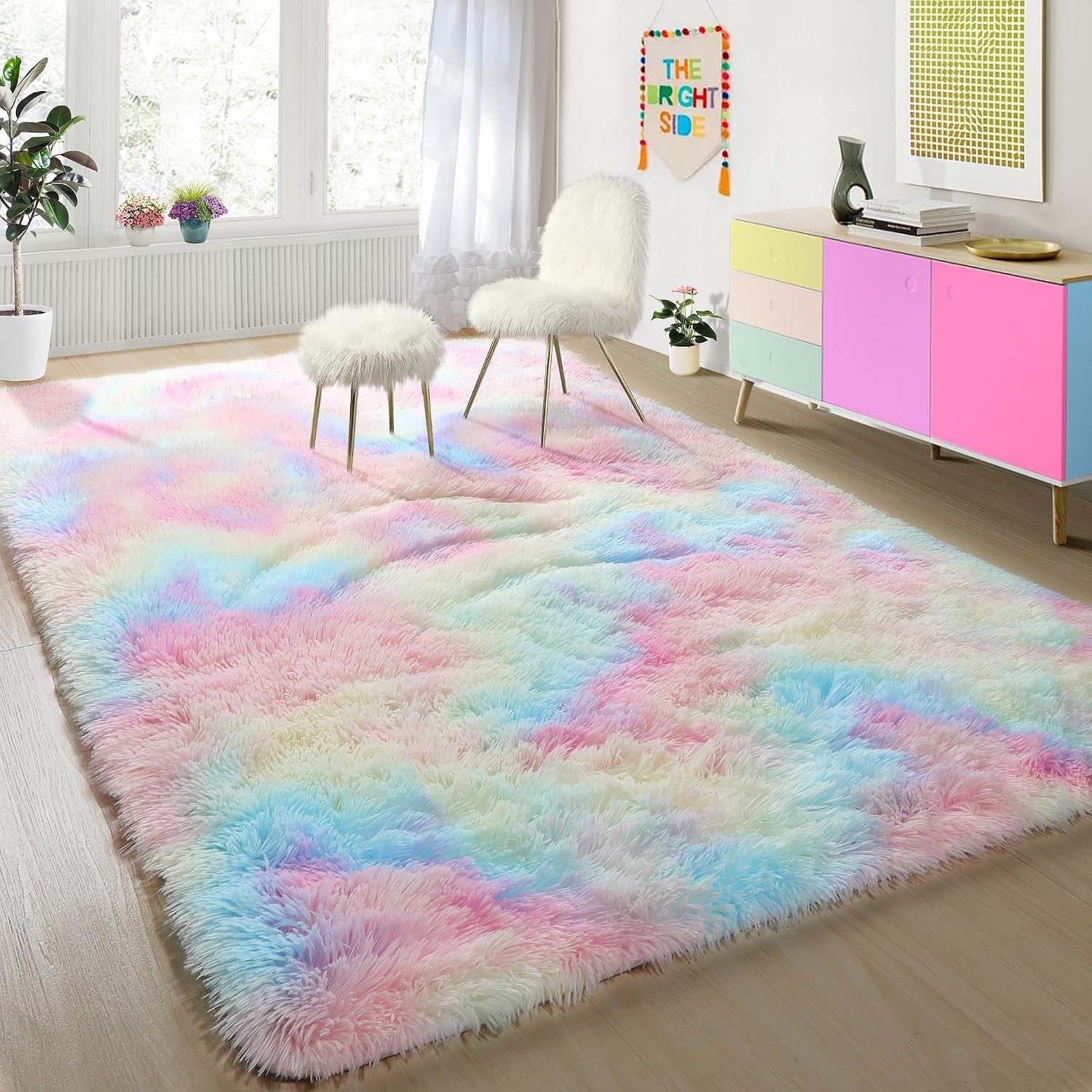 4X6 Rainbow Fluffy Soft Plush Area Rugs For Girls Bedroom, Shaggy Vibrant Rugs For Kids Playroom,Kawaii Princess Fuzzy Rugs For Nursery Baby Toddler,Cute Colorful Room Decor For Teenage