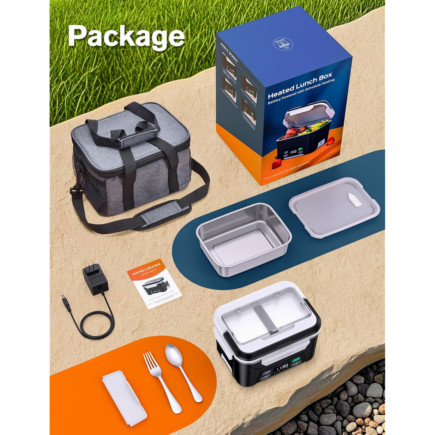 East Oak Cordless Electric Lunch Box For Adults, Heated Lunch Box Battery Powered With Automatic Heating, 5.5 Cups Portable Food Warmer With Removable Tray Divider
