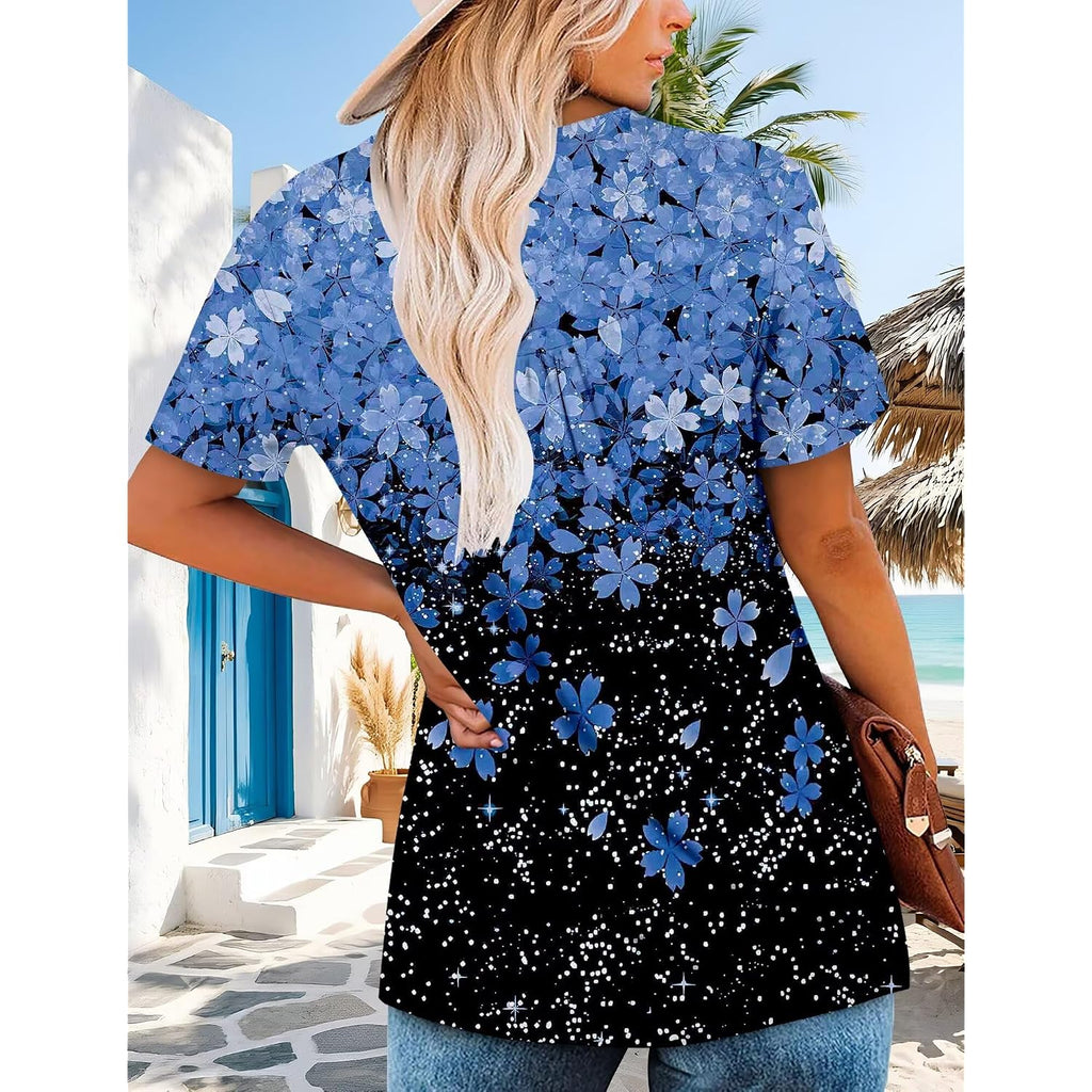 Women's Summer Tops Short Sleeve Blouses for Women Henley V-Neck Floral Pleated Loose Fit Shirts for Leggings（S-3XL）