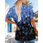 Women's Summer Tops Short Sleeve Blouses for Women Henley V-Neck Floral Pleated Loose Fit Shirts for Leggings（S-3XL）