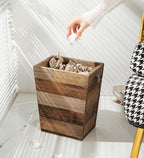 Small Wood Trash Can, Farmhouse Rectangular Garbage Can Waste Basket, Rustic Distressed Reclaimed Wood Wastebasket, Vintage Wooden Trash Recycling Bin Storage Basket With Metal Handles (Natural)