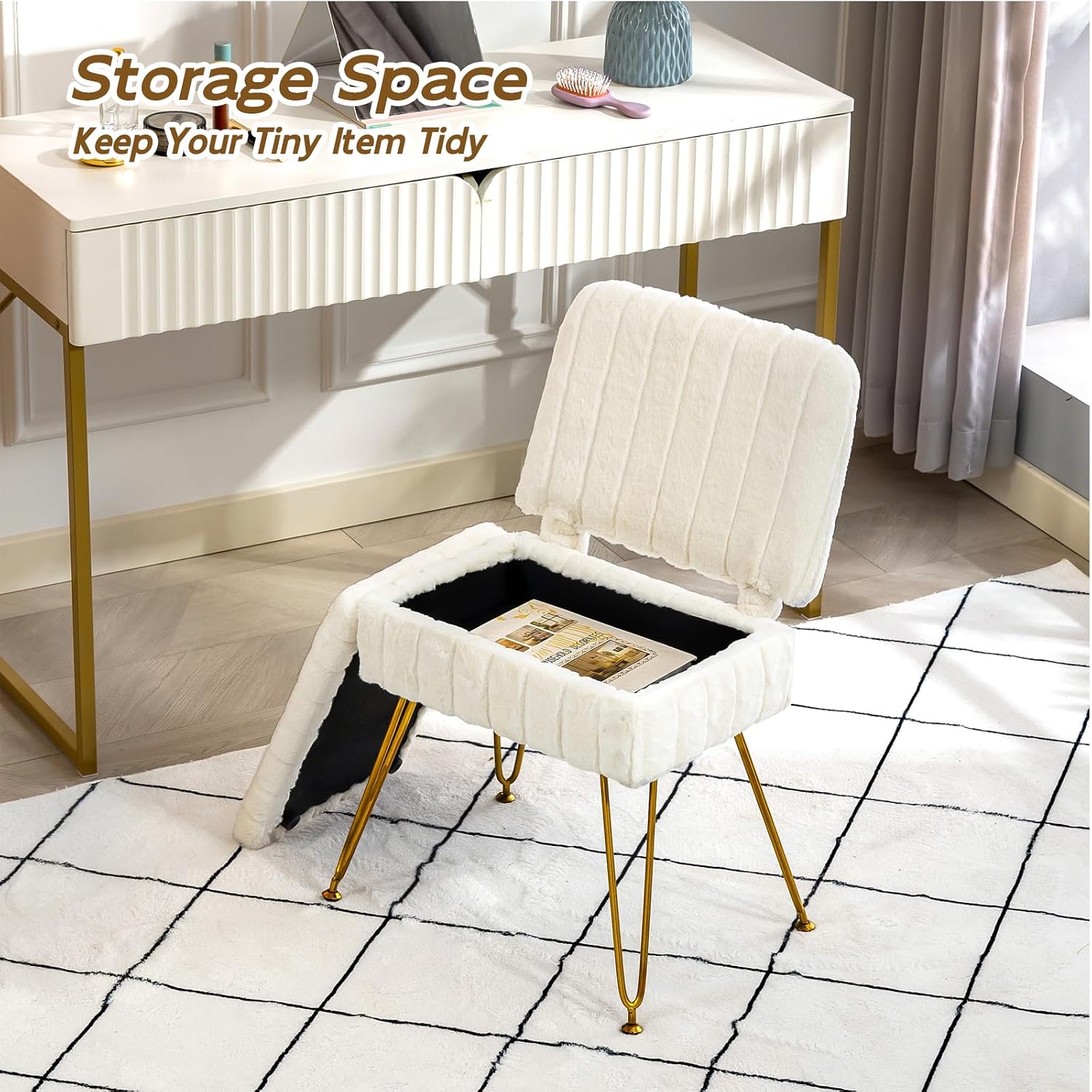 Vanity Chair With Storage | Comfy Ottoman With Folding Back