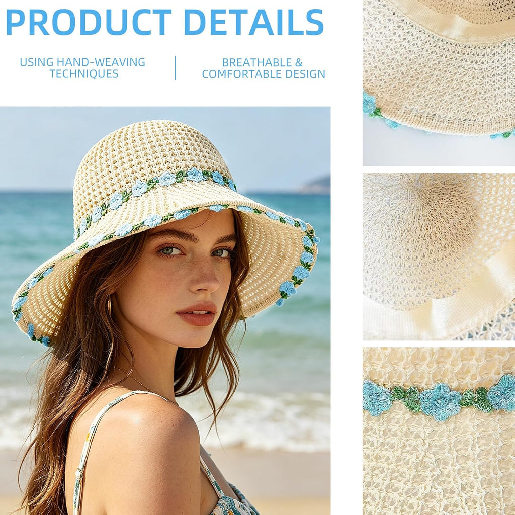 Sun Hats For Women Wide Brim Beach Hat Straw Boho Rainbow Beaded Summer Packable Foldable Bucket Hat For Travel