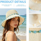 Sun Hats For Women Wide Brim Beach Hat Straw Boho Rainbow Beaded Summer Packable Foldable Bucket Hat For Travel