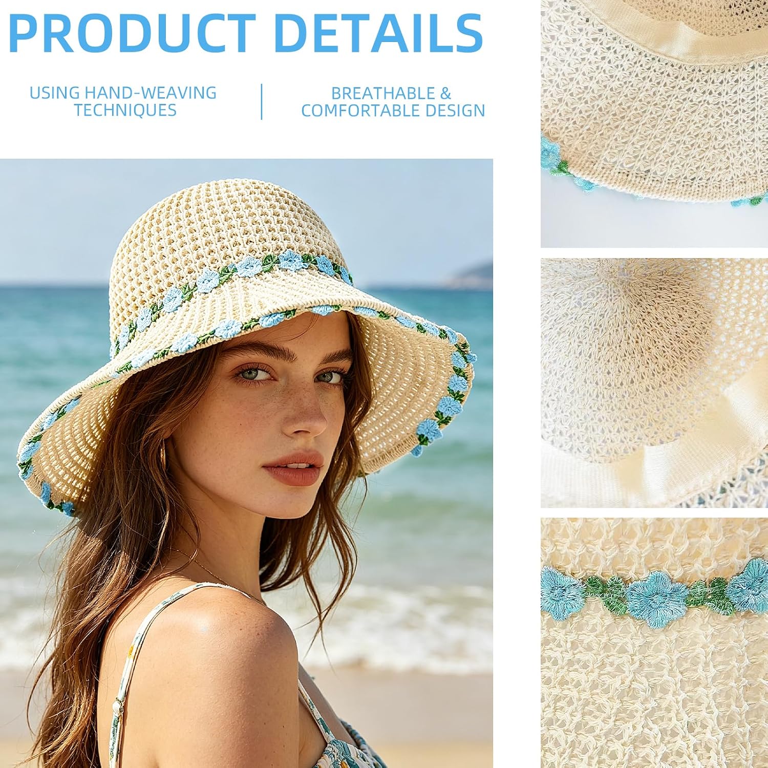 Sun Hats For Women Wide Brim Beach Hat Straw Boho Rainbow Beaded Summer Packable Foldable Bucket Hat For Travel