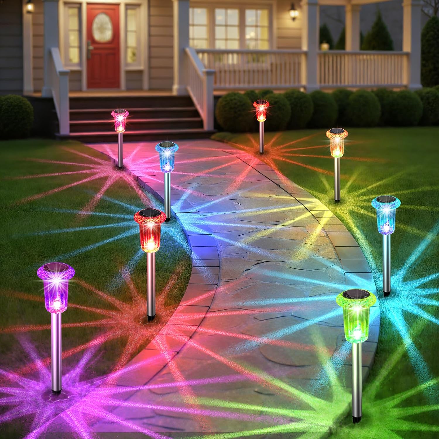 Solar Outdoor Lights, 10 Pack Solar Pathway Lights Outdoor Waterproof, Stainless Steel Stake Lighting For Garden Yard Path Walkway Driveway Patio Lawn Outside Decor,Color Changing
