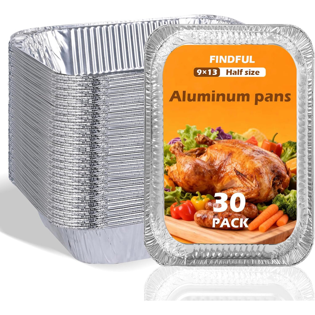 Findful Aluminum Pans 9x13 (30 Pack) – Foil Pans, Aluminum Trays for Cooking, Baking, Storing & Prepping Food – Tin Foil Pan, Disposable Baking Pan – Heavy-Duty, Leak-Proof & Oven-Safe