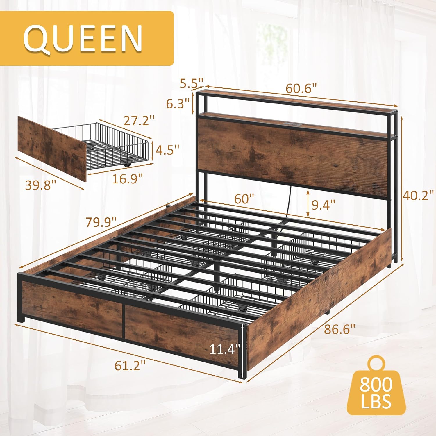 Lifezone Queen Bed Frame With 2-Tier Storage Headboard, Metal Platform Bed Frame With 4 Storage Drawers, Built In Charging Station & Led, Noise-Free/Metal Support/No Box Spring Needed, Vintage Brown