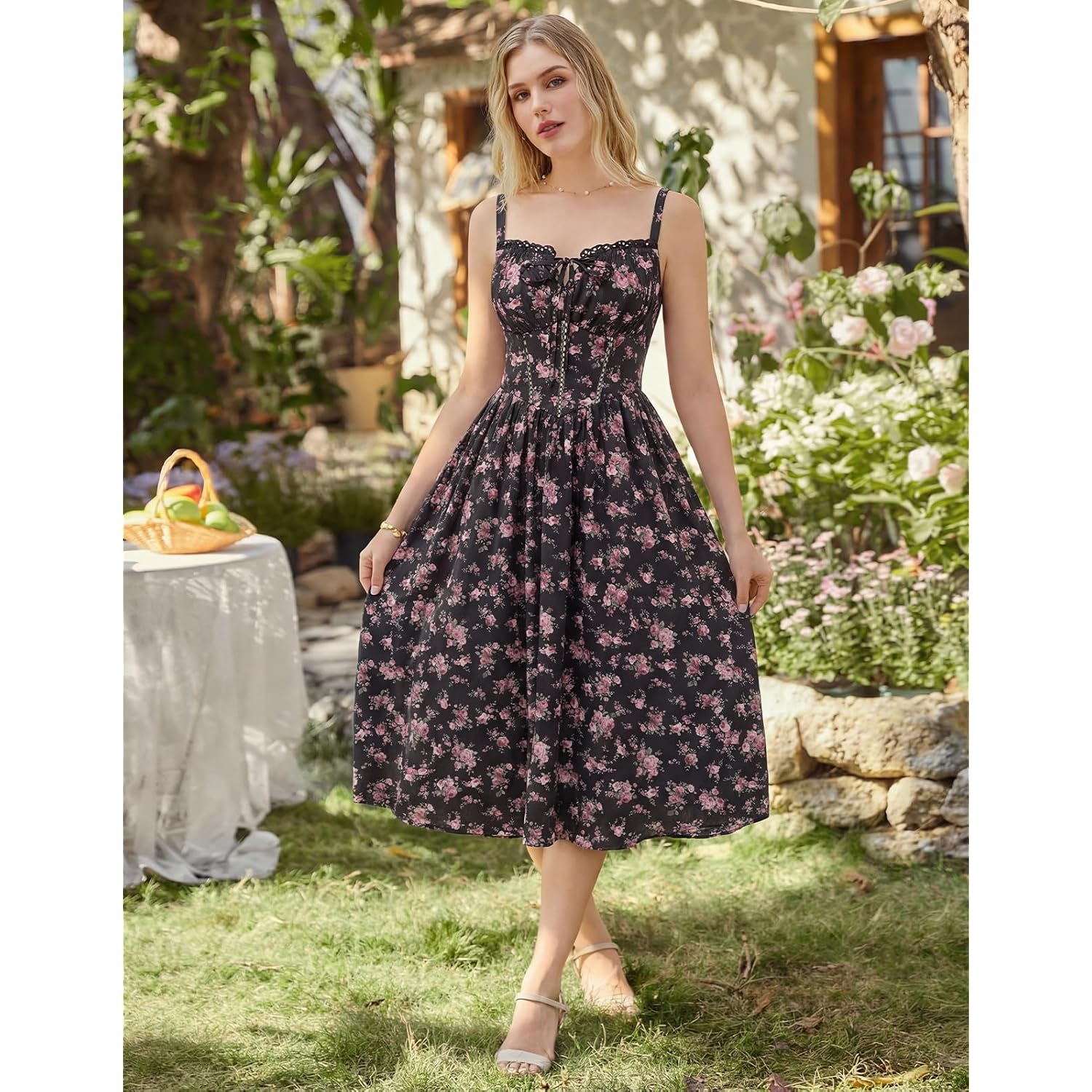 Scarlet Darkness Women 2026 Floral Corset Dress Summer Milkmaid Sundress | Cutout Waist, Smocked Back, Pockets, For Casual, Wedding Guest, Tea Party, Vacation