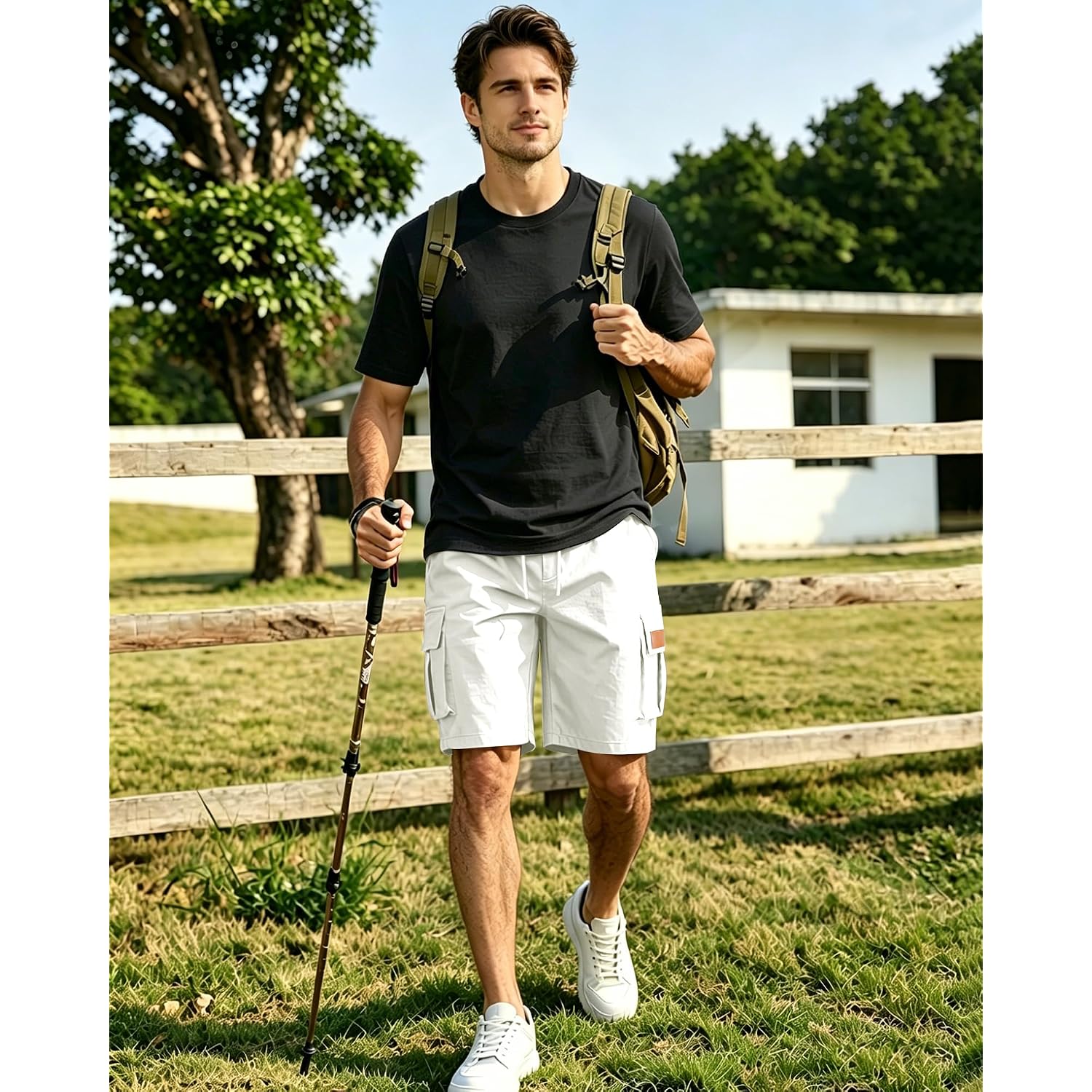 Mens Cargo Shorts Elastic Waist Drawstring Hiking Shorts For Men Stretch Casual Short With 5 Pockets