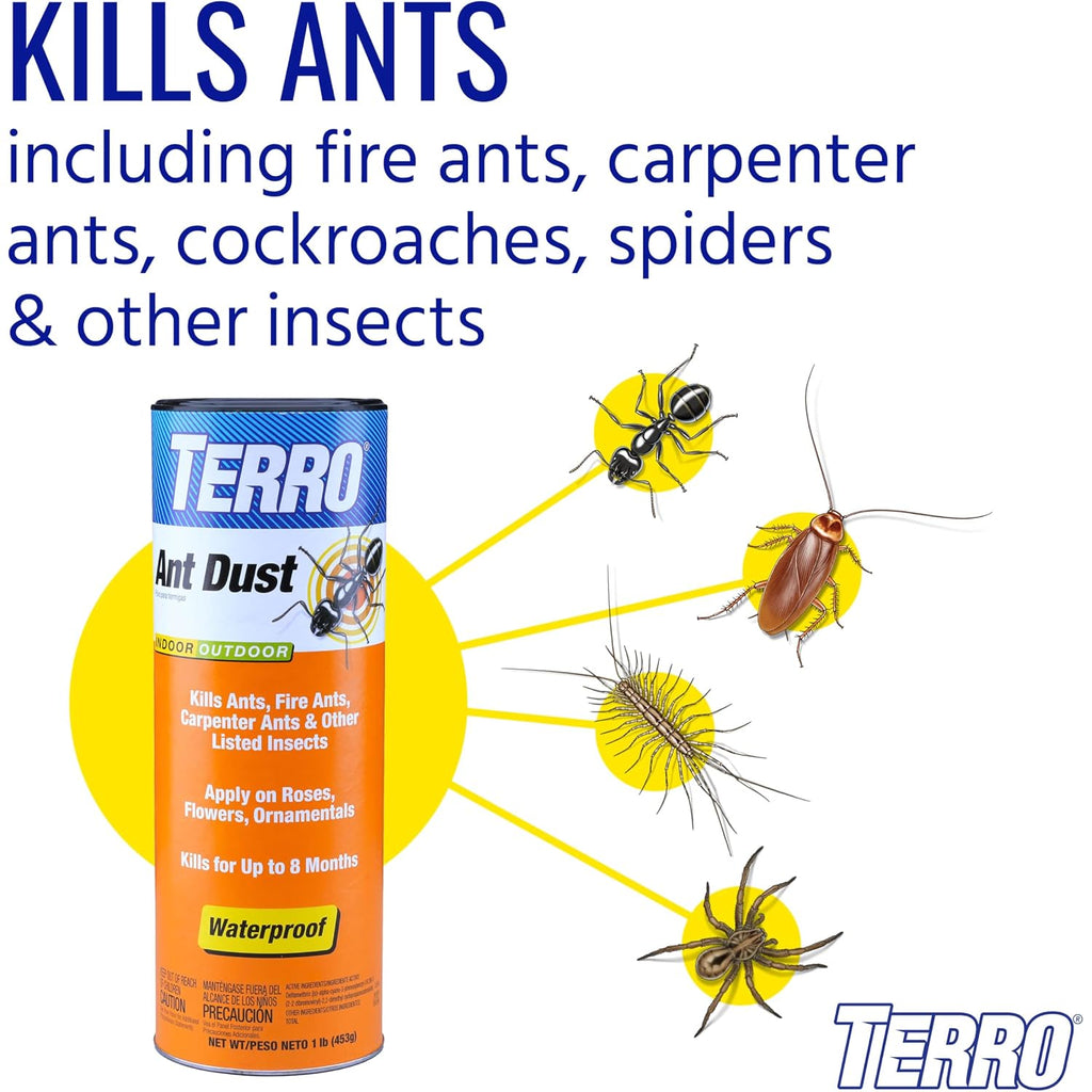 Terro Ant Dust, Ant Powder Killer For Indoors And Outdoors | Kills Ants, Fire Ants, Cockroaches, Spiders, Waterproof Formula, 8 Months Protection, Apply In Cracks & Crevices
