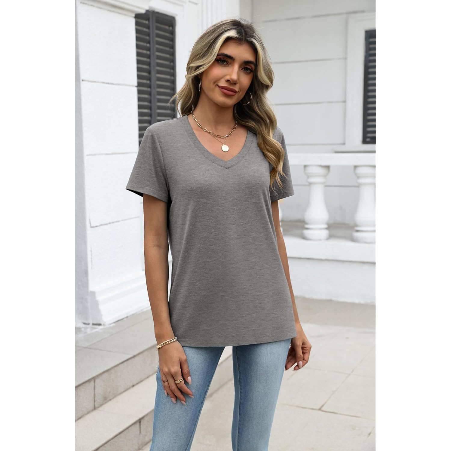 Zeagoo Womens Tops Summer Casual Short Sleeve Tshirts Business Basic Spring V-Neck Shirts Outfits S-3XL