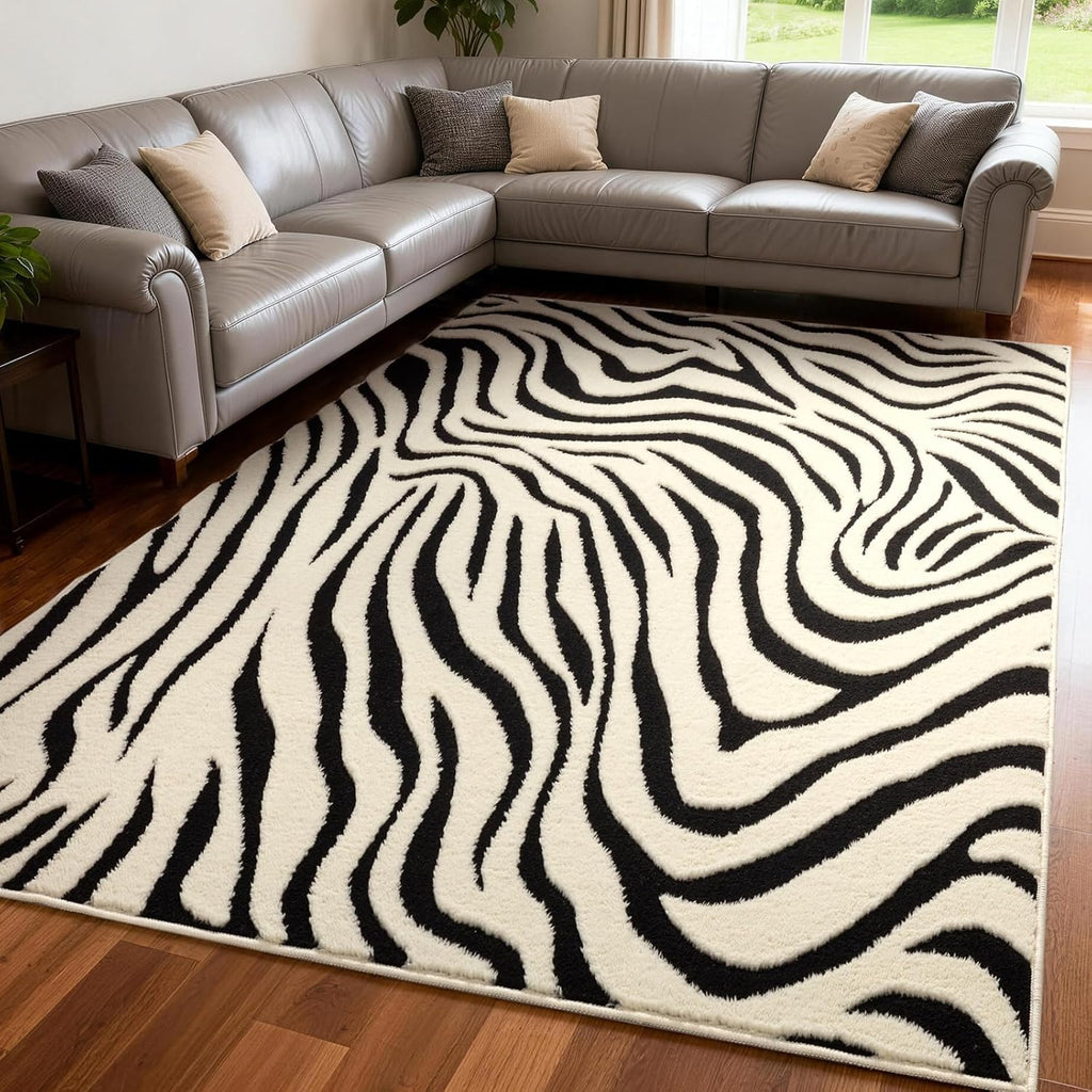 5×7 Ft Area Rugs For Living Room: Modern Washable Rug - Abstract Black And Cream White Rug For Bedroom Dining Room Office Playroom Nursery Home Decor - Nonslip Non-Shedding Striped Rugs